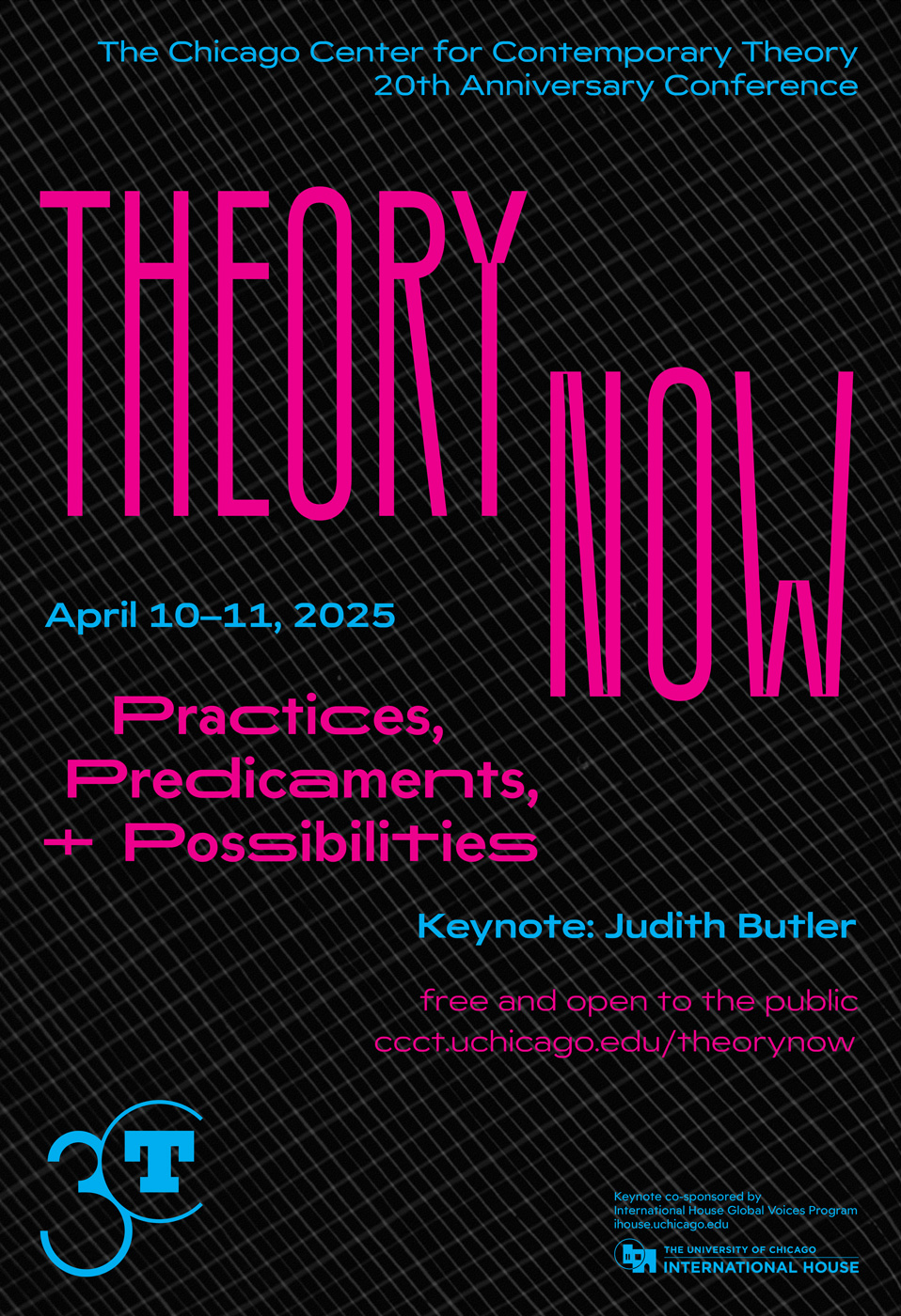 event poster with gray and black grid background and magenta and blue text