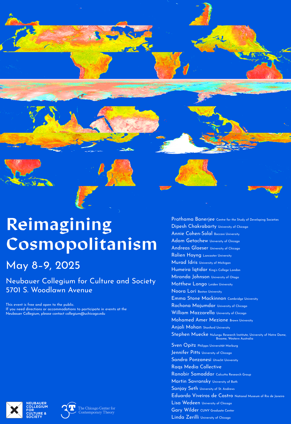 event poster with white text on a blue background and multicolored fragments of a world map