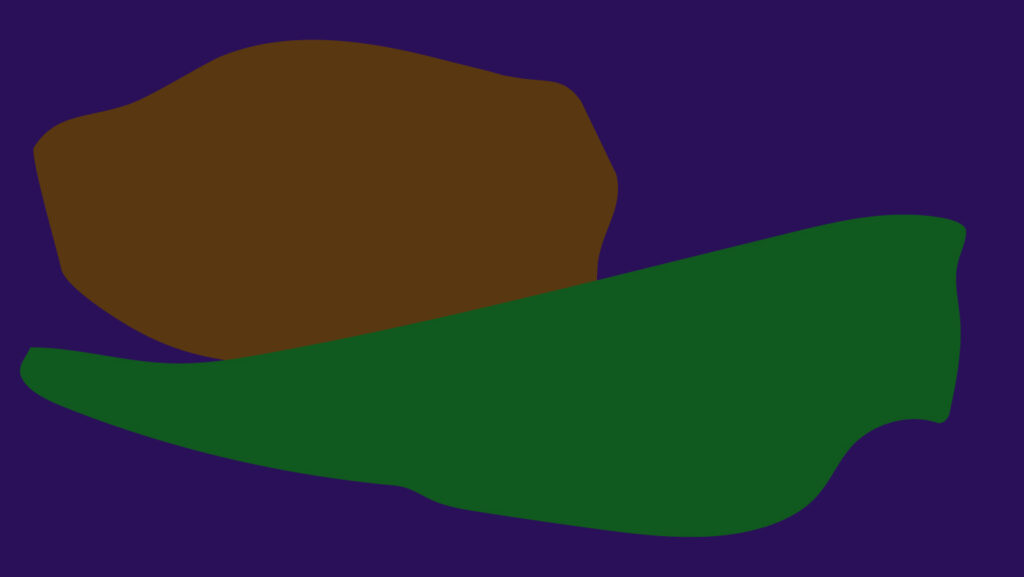 brown and green shapes against blue background