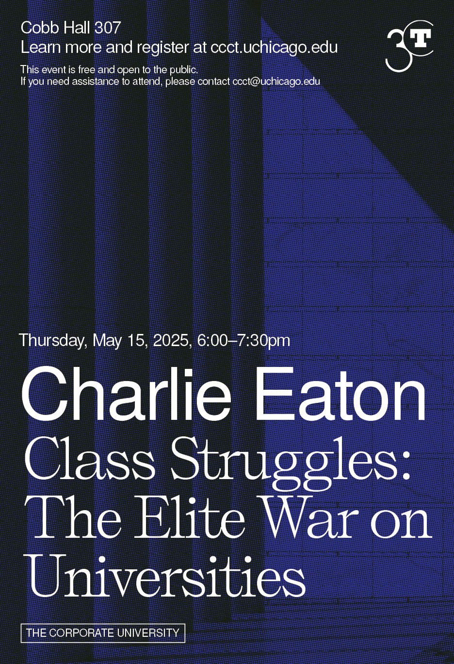 event poster with white text over black and blue geometric composition