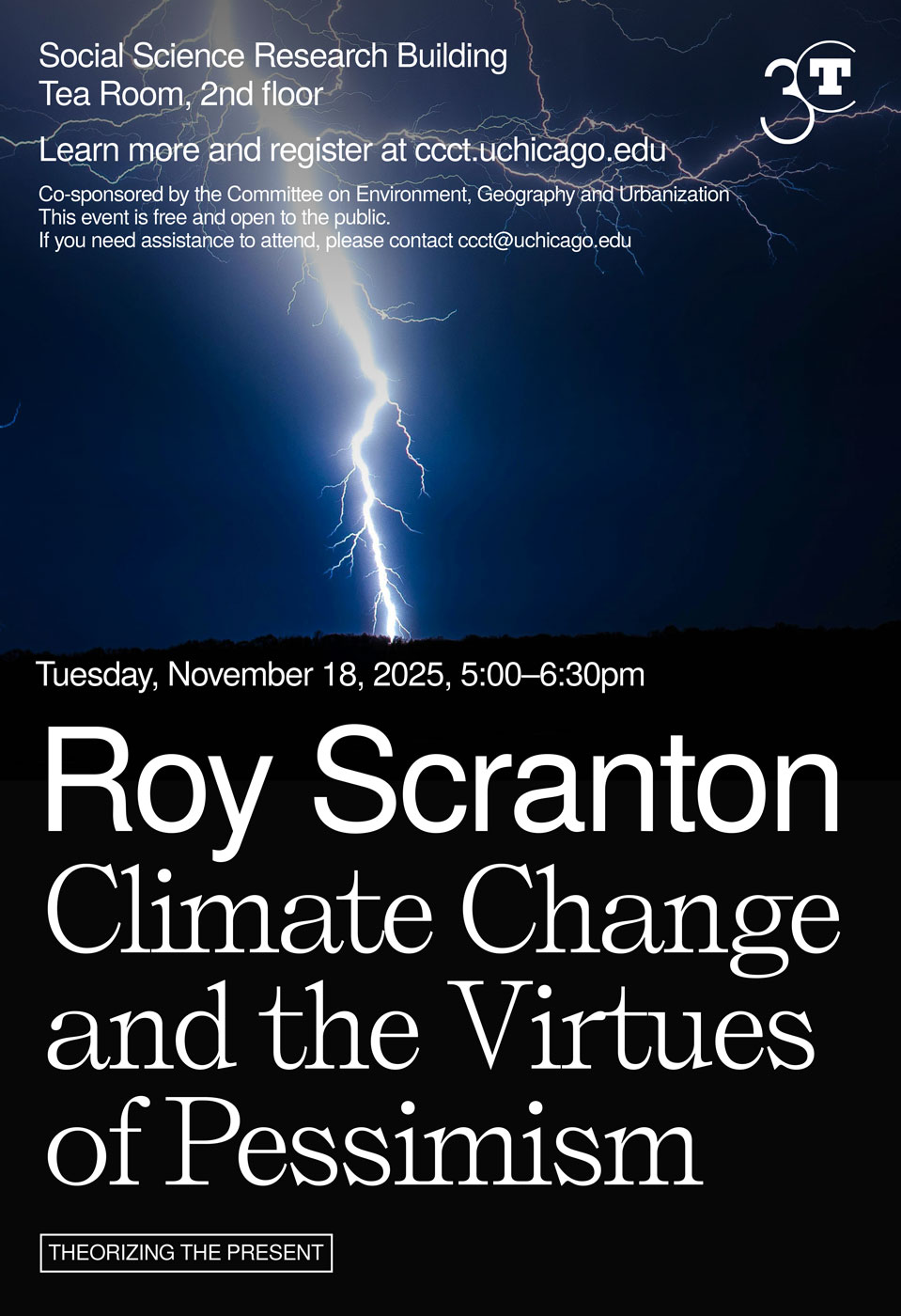 event poster with white text over dark sky with lightning