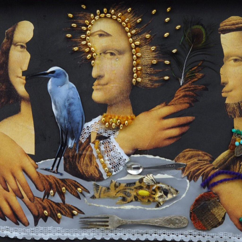 collage of faces, hands, a bird, and a table